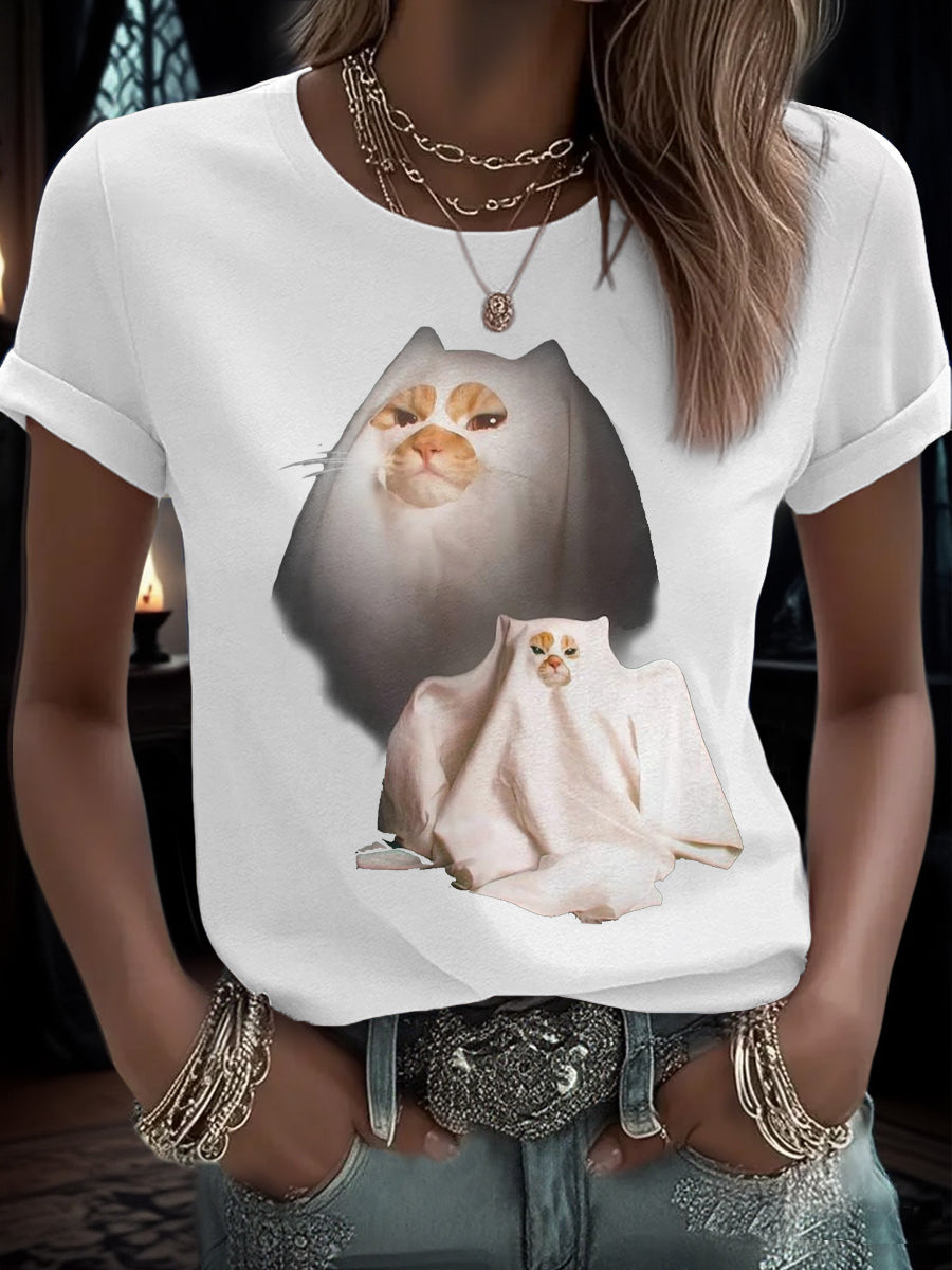 Women's Halloween Funny Cat Printed T-shirt