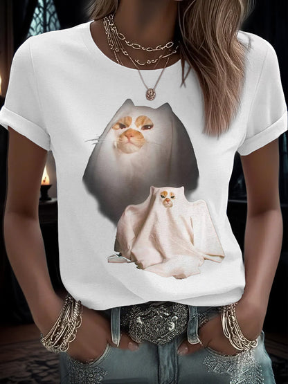 Women's Halloween Funny Cat Printed T-shirt