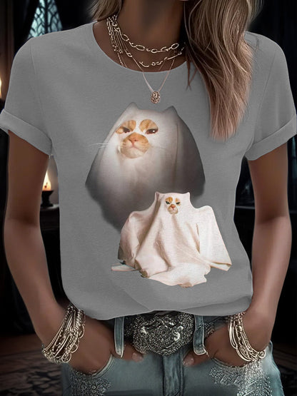 Women's Halloween Funny Cat Printed T-shirt