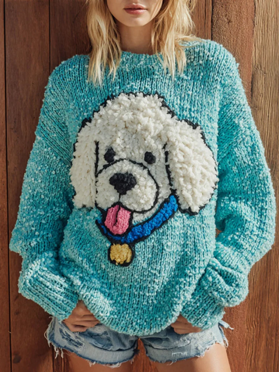 Women's Fuzzy Poodle Dog Felt Cozy Knit Sweater