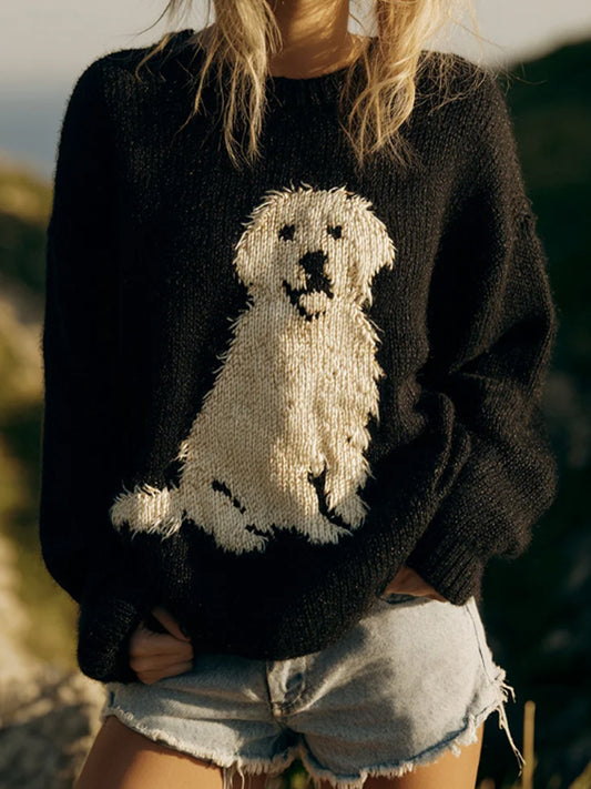 Women's Classic Fuzzy Golden Retriever Dog Felt Cozy Knit Sweater