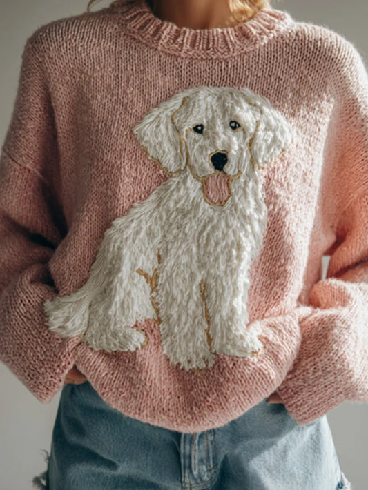 Women's Fuzzy Goldendoodles Dog Felt Cozy Knit Sweater