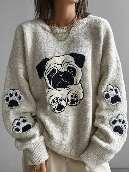 Women's Lovely Cute Pug And Paws Embroidery Art Loose Cozy Knit Sweater