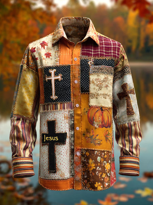 Men's Retro Faith Cross Casual  Art Print Long Sleeve Shirt