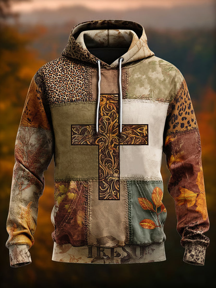 Men's Retro Casual Faith Cross Art Print Oversized Drop-Shoulder Pockets Hoodie