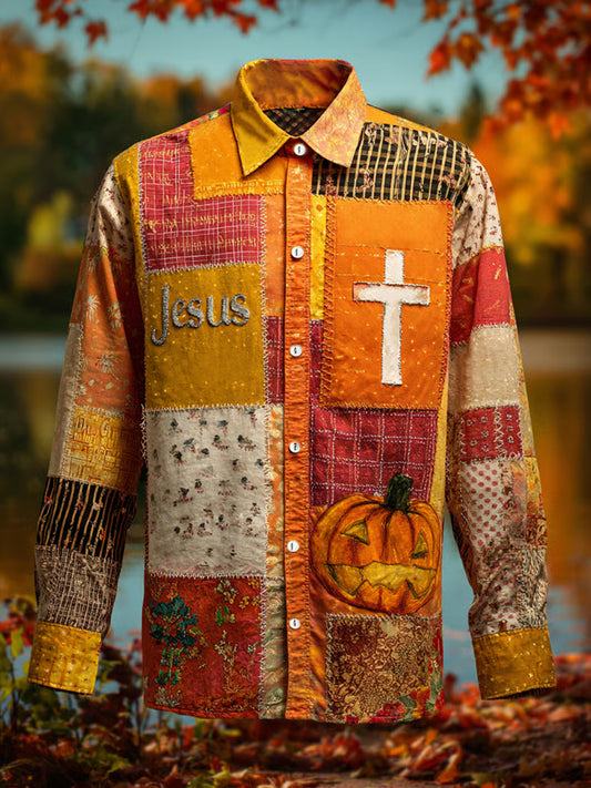 Men's Retro Faith Cross Casual Halloween Art Print Long Sleeve Shirt