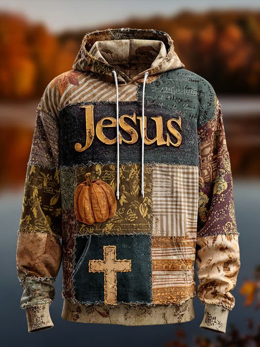 Men's Retro Casual Faith Cross Halloween Art Print Oversized Drop-Shoulder Pockets Hoodie