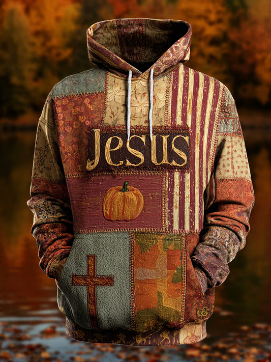 Men's Retro Casual Faith Cross Halloween Art Print Oversized Drop-Shoulder Pockets Hoodie