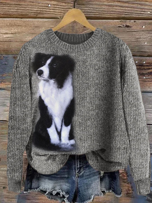 Women's Border Collie Dog Plush Felt Cozy Knit Sweater