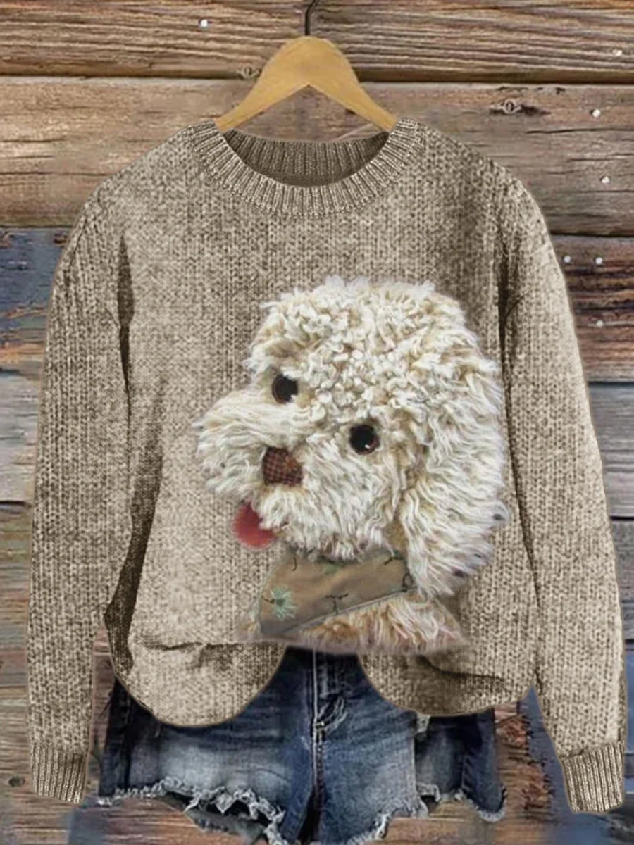 Women's Fuzzy Dog Plush Patchwork Knit Sweater