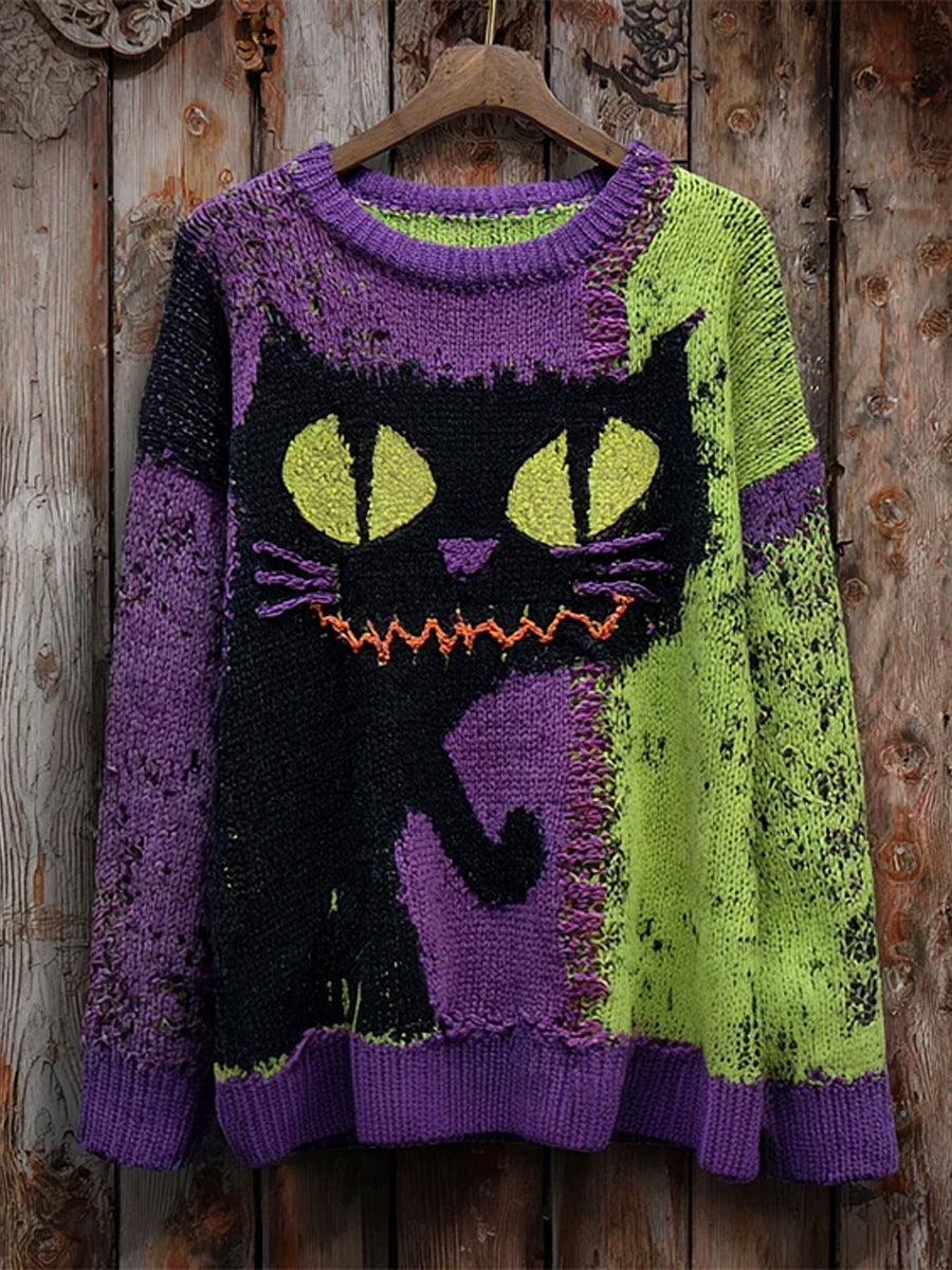 Women's Vintage Cat Art Print Casual Sweater