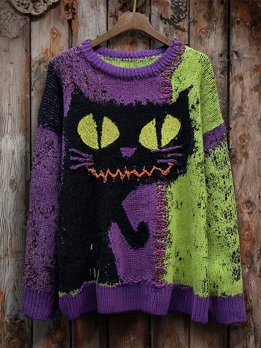 Women's Vintage Cat Art Print Casual Sweater