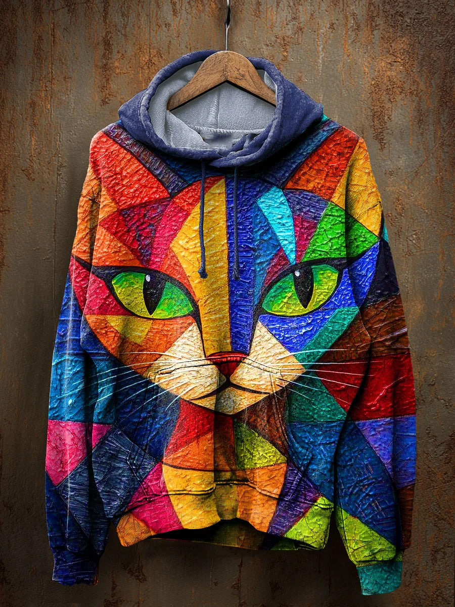 Unisex Vintage Cat Art Print Casual Hoodie