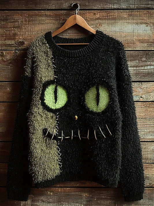 Women's Vintage Cat Art Print Casual Sweater
