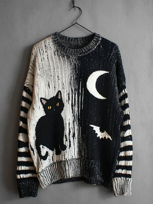 Women's Vintage Cat Art Print Casual Sweater