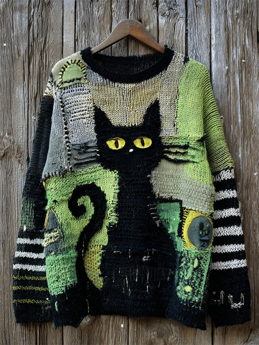 Women's Vintage Cat Art Print Sweater