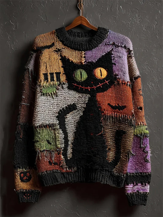 Women's Vintage Cat Art Print Casual Sweater