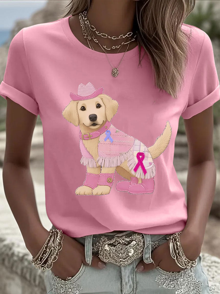 Women's Breast Cancer Patchwork Dog Art Printed T-shirt