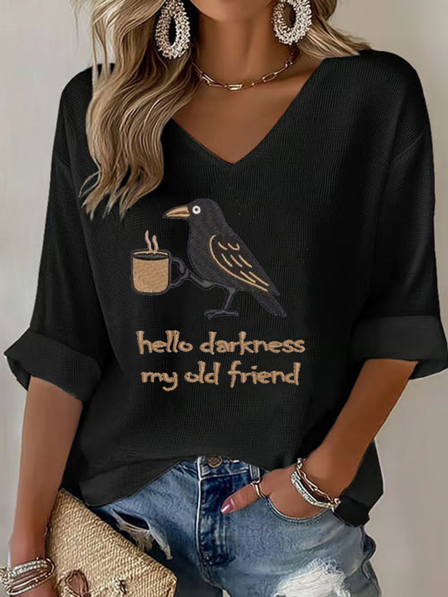 Women's Hello Darkness Halloween Funny Printed Waffle T-shirt