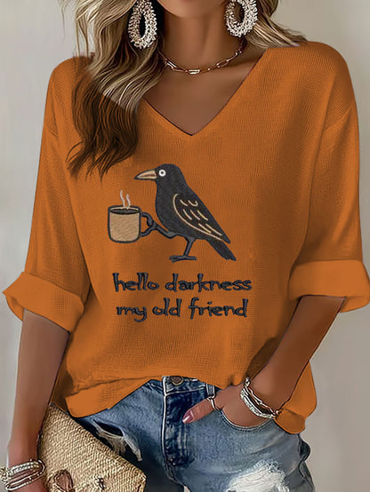 Women's Hello Darkness Halloween Funny Printed Waffle T-shirt