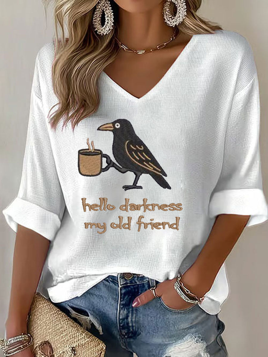 Women's Hello Darkness Halloween Funny Printed Waffle T-shirt