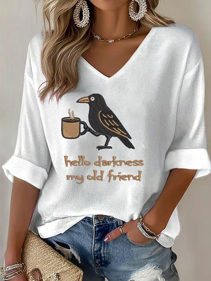 Women's Hello Darkness Halloween Funny Printed Waffle T-shirt