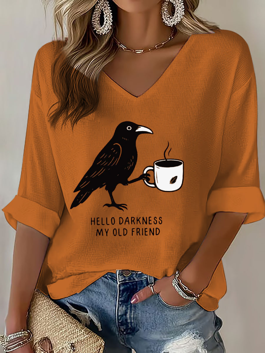 Women's Hello Darkness Halloween Funny Printed Waffle T-shirt