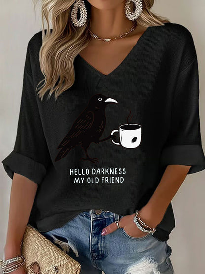 Women's Hello Darkness Halloween Funny Printed Waffle T-shirt