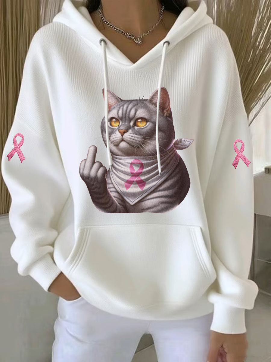 Women's Cat Pink Ribbon Print Casual Hoodie