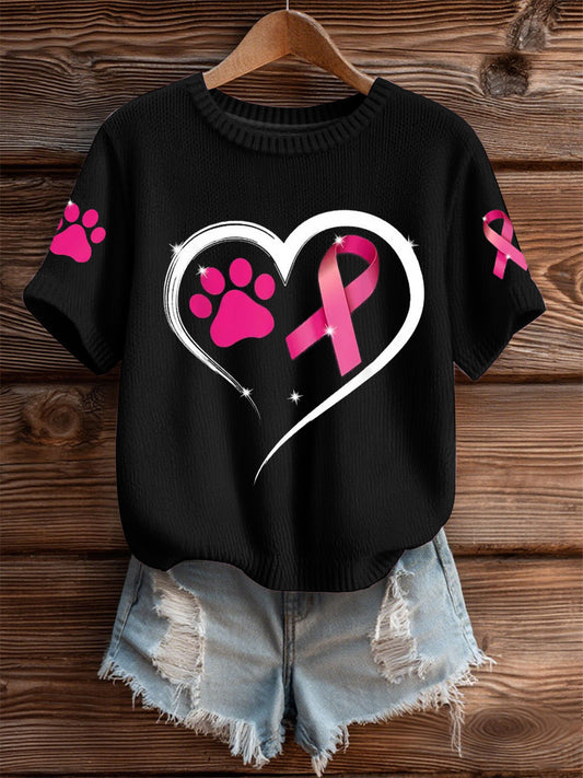 Women's Breast Cancer Awareness Dog Paw Imitation Sweater Short-sleeved T-shirt