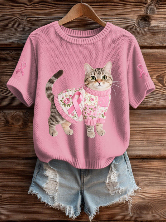Women's Cat Pink Ribbon Print Casual T-shirt
