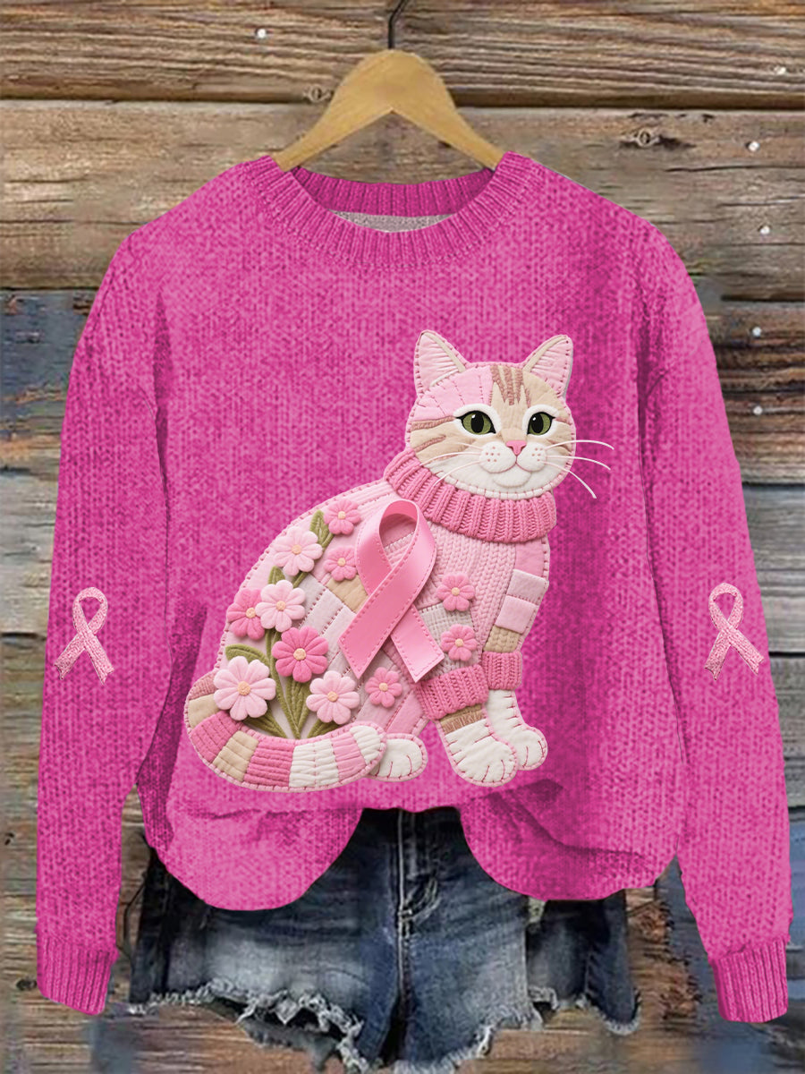 Women's Cat Pink Ribbon Print Casual Top