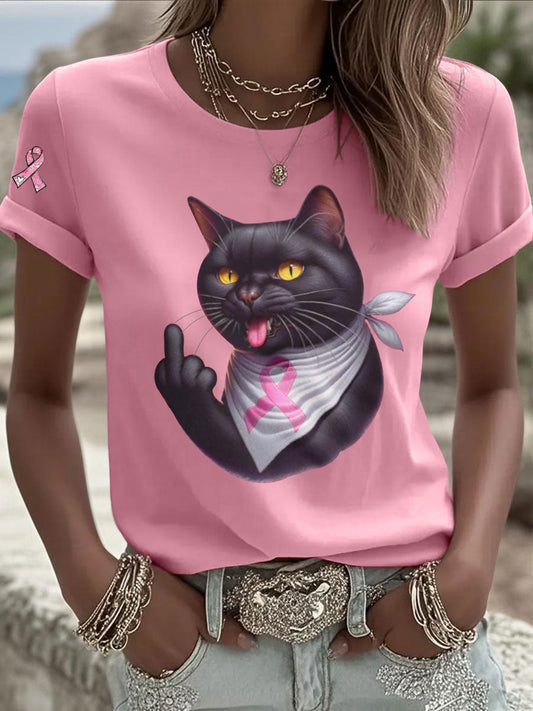 Women's Cat Pink Ribbon Print Casual T-shirt