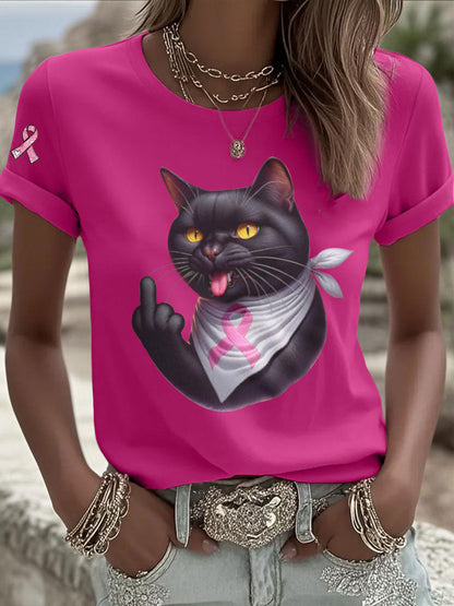 Women's Cat Pink Ribbon Print Casual T-shirt