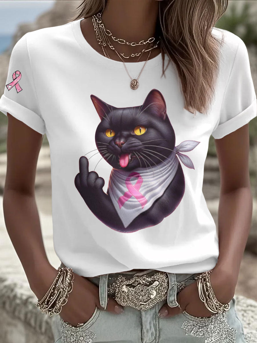 Women's Cat Pink Ribbon Print Casual T-shirt