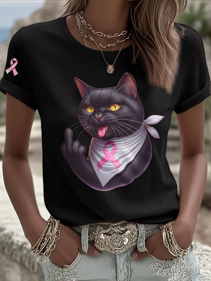 Women's Cat Pink Ribbon Print Casual T-shirt