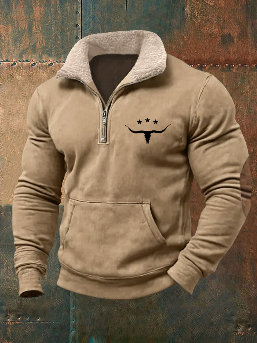 Men's Retro Western Bull Skull Print Fur Collar Casual Zipper Sweatshirt