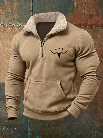 Men's Retro Western Bull Skull Print Fur Collar Casual Zipper Sweatshirt