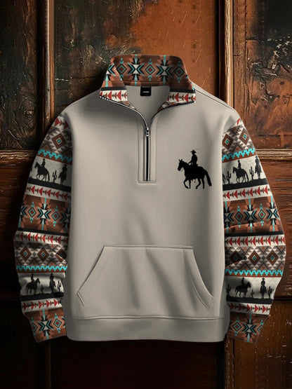 Men's Retro Western Aztec Cowboy Print Casual Zipper Sweatshirt