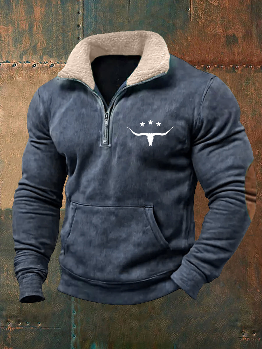 Men's Retro Western Bull Skull Print Fur Collar Casual Zipper Sweatshirt