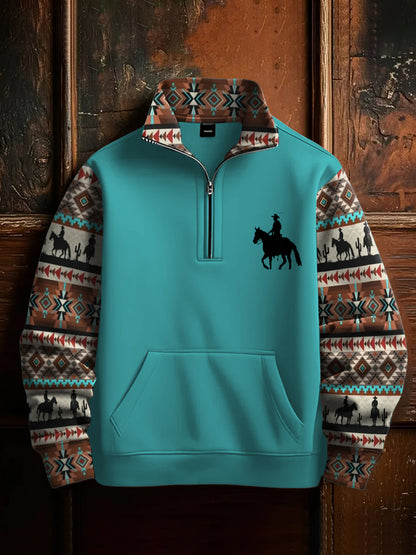 Men's Retro Western Aztec Cowboy Print Casual Zipper Sweatshirt