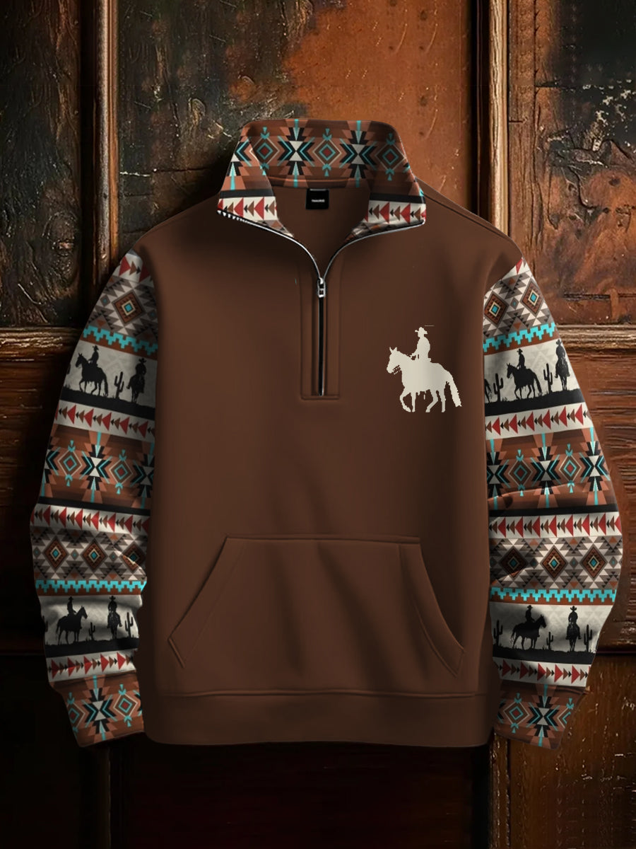 Men's Retro Western Aztec Cowboy Print Casual Zipper Sweatshirt