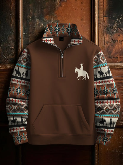 Men's Retro Western Aztec Cowboy Print Casual Zipper Sweatshirt