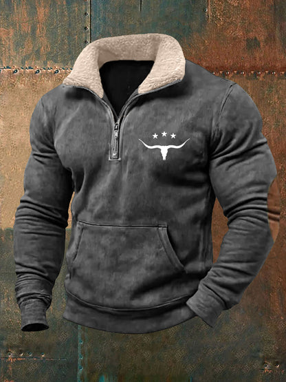 Men's Retro Western Bull Skull Print Fur Collar Casual Zipper Sweatshirt