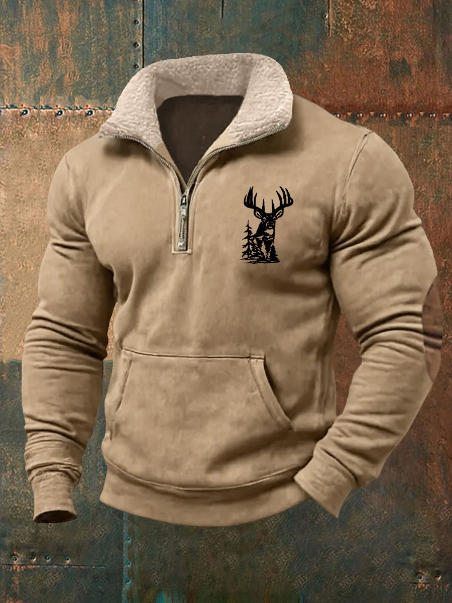 Men's Retro Western Deer Antlers Print Fur Collar Casual Zipper Sweatshirt