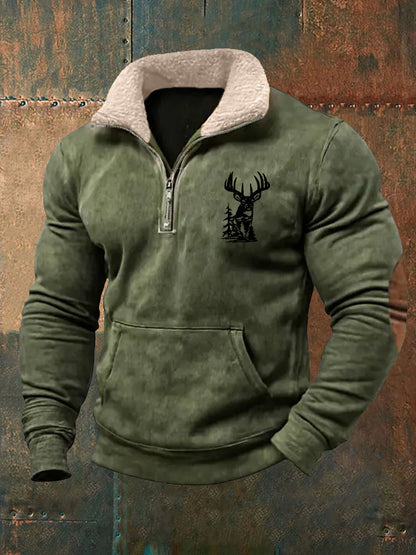 Men's Retro Western Deer Antlers Print Fur Collar Casual Zipper Sweatshirt