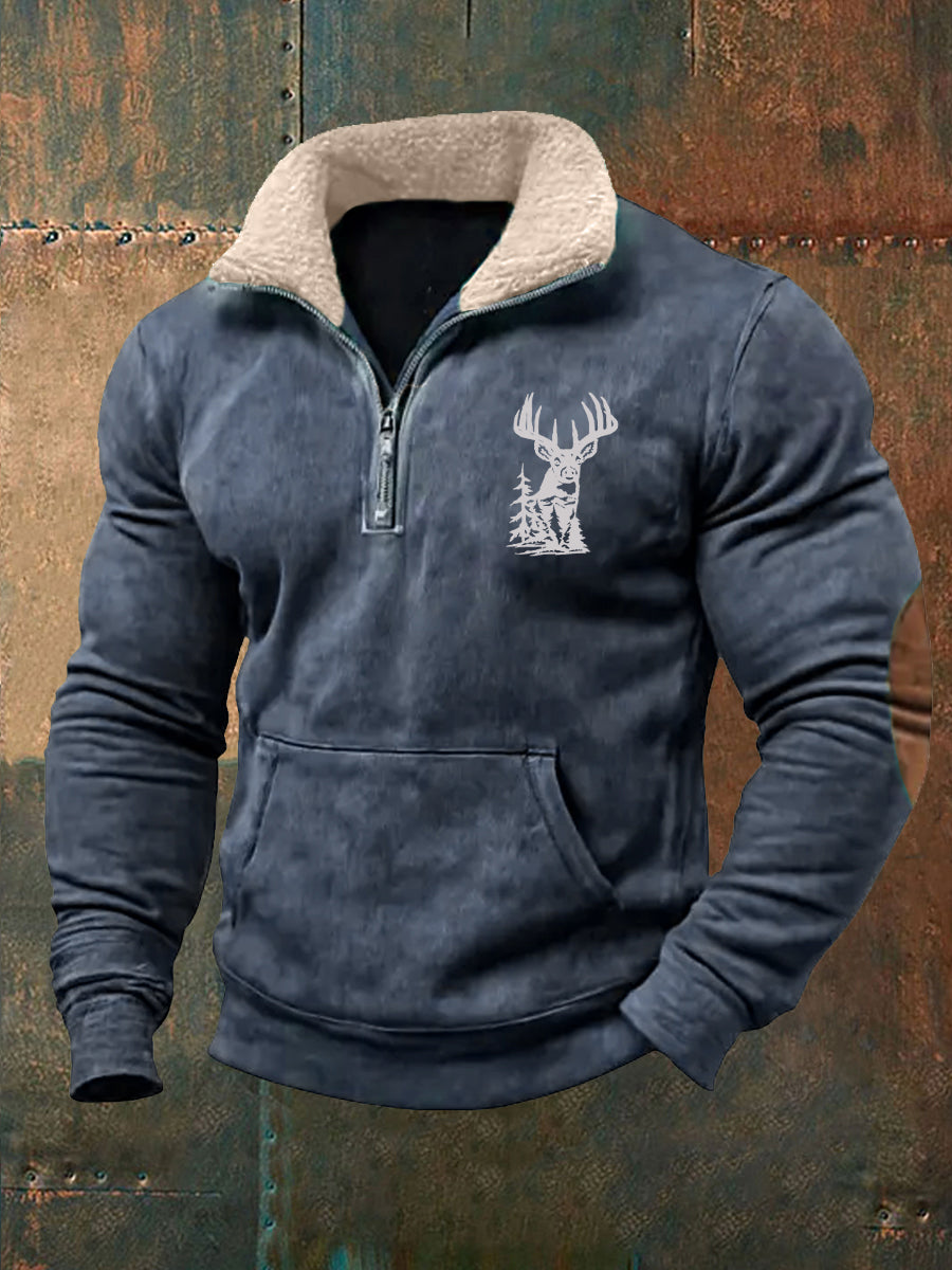 Men's Retro Western Deer Antlers Print Fur Collar Casual Zipper Sweatshirt