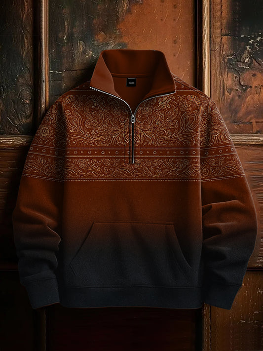 Men's Retro Western Floral Print Casual Zipper Sweatshirt