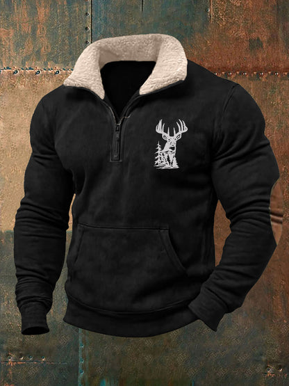 Men's Retro Western Deer Antlers Print Fur Collar Casual Zipper Sweatshirt