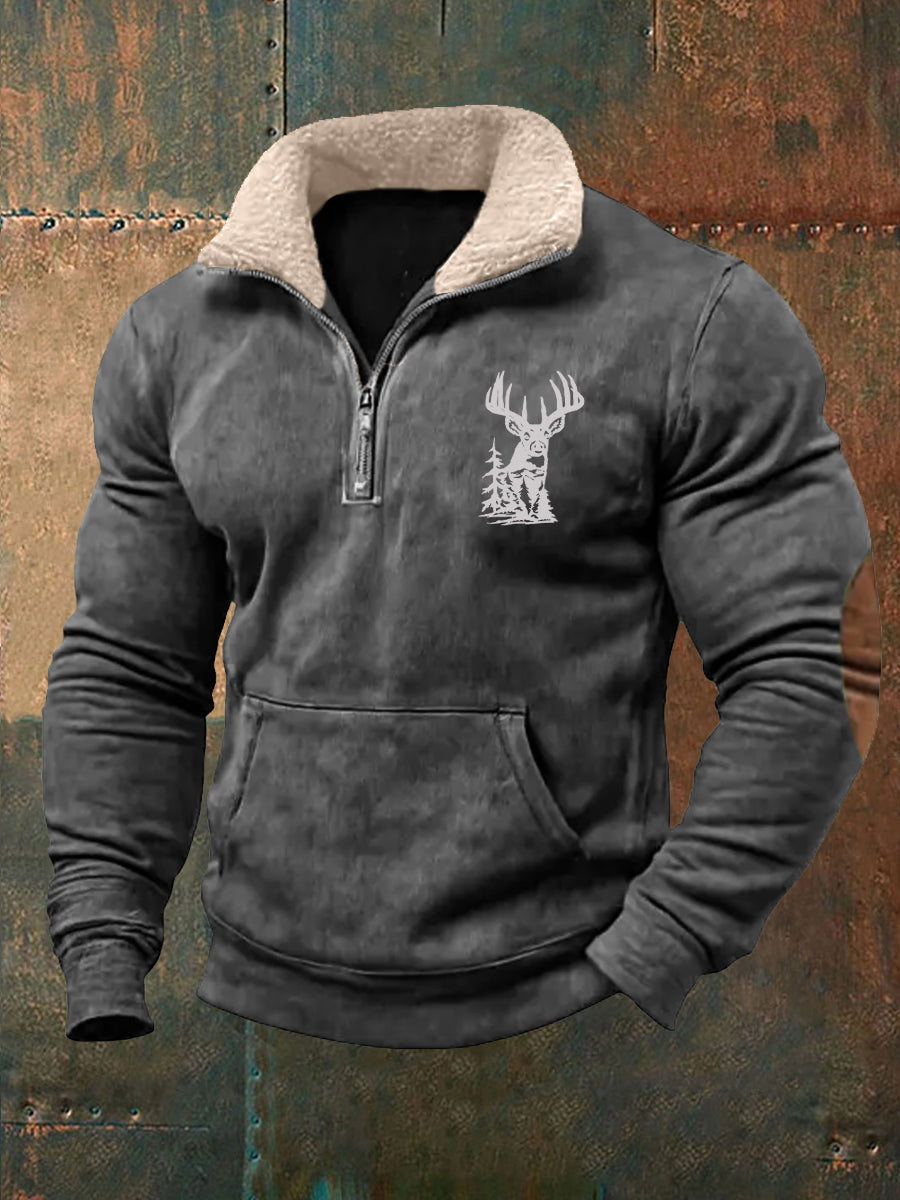 Men's Retro Western Deer Antlers Print Fur Collar Casual Zipper Sweatshirt
